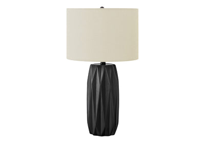 25" Black Ceramic Geometric Table Lamp With Ivory Drum Shade 