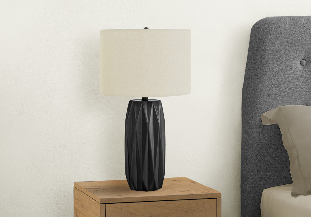 25" Black Ceramic Geometric Table Lamp With Ivory Drum Shade