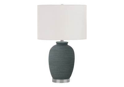 24" Blue and Silver Ceramic Round Table Lamp With Ivory Drum Shade 