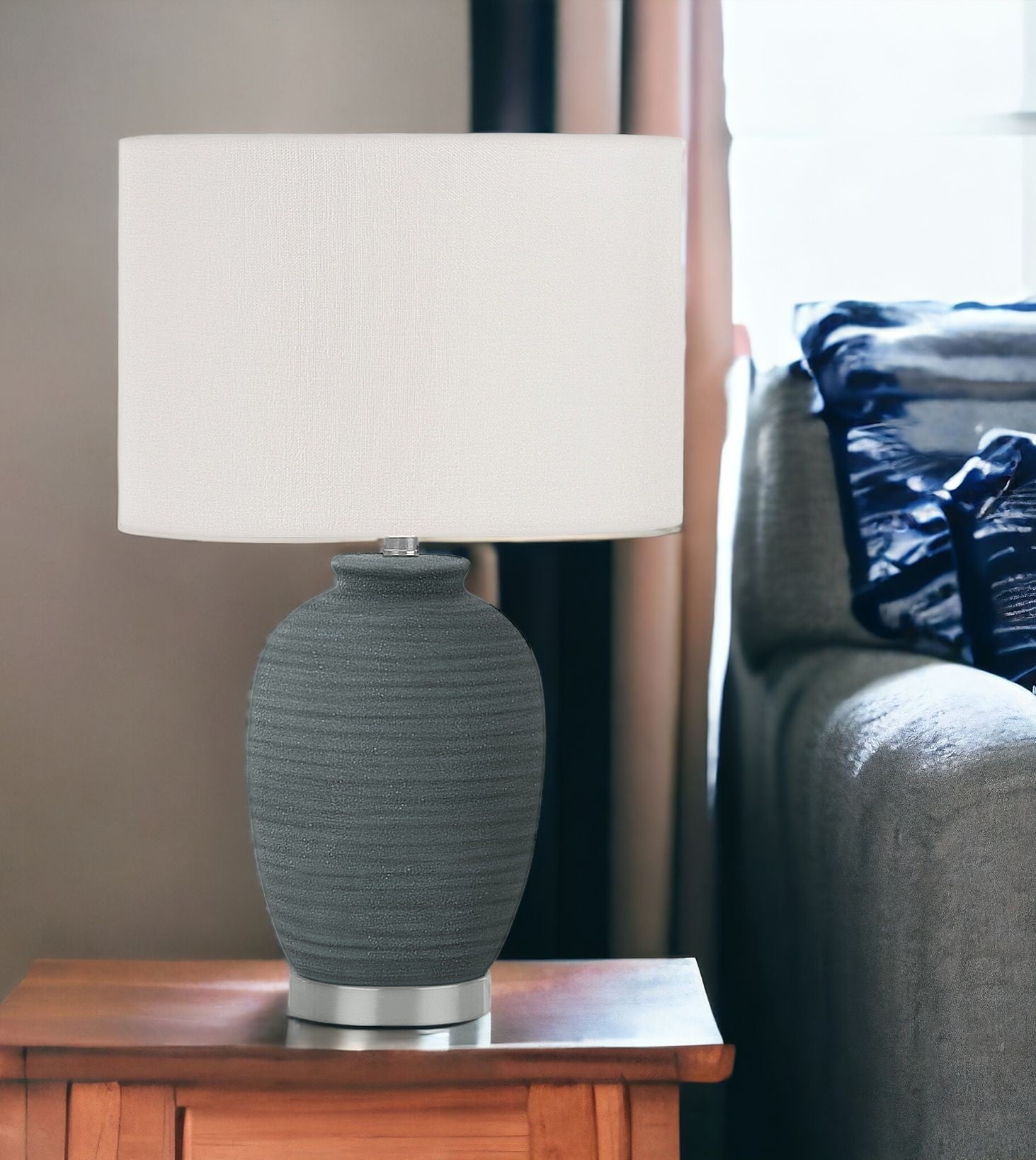 24" Blue and Silver Ceramic Round Table Lamp With Ivory Drum Shade