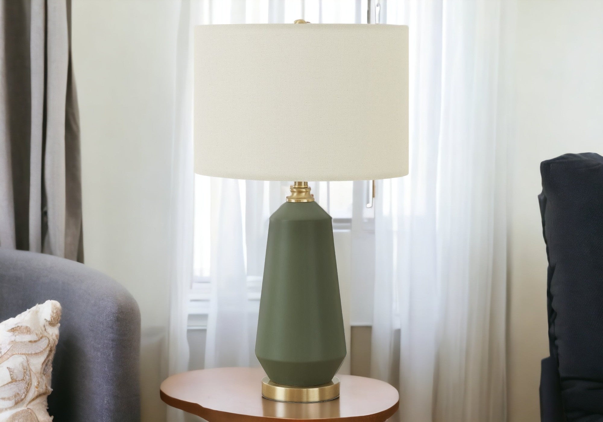 26" Green Ceramic Geometric Table Lamp With Ivory Drum Shade