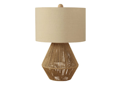 22" Brown Rattan Geometric Table Lamp With Beige Drum Shade 