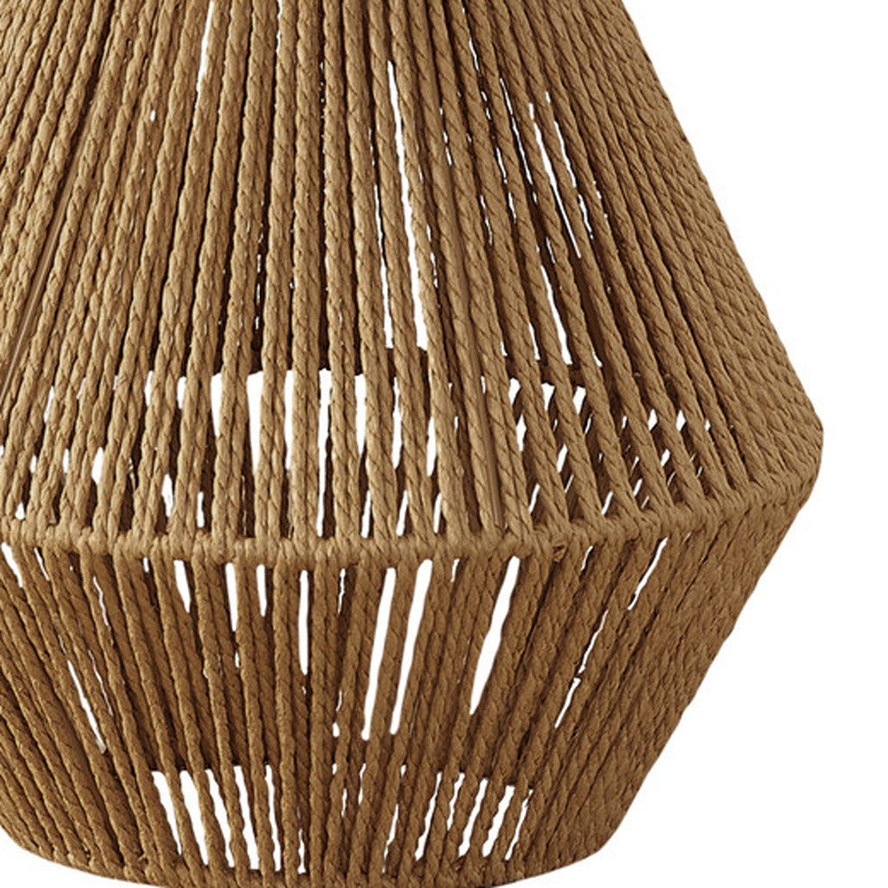 22" Brown Rattan Geometric Table Lamp With Beige Drum Shade