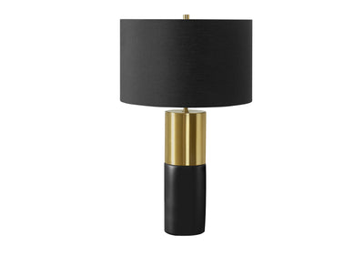 25" Black and Gold Concrete Cylinder Table Lamp With Black Drum Shade 