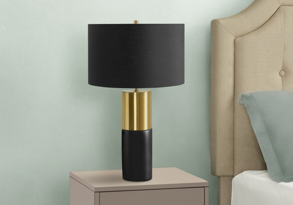 25" Black and Gold Concrete Cylinder Table Lamp With Black Drum Shade