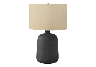 24" Black Ceramic Round Table Lamp With Beige Drum Shade 