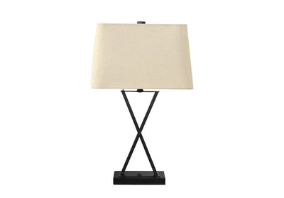 25" Black Metal Geometric USB Table Lamp With Beige Shade 