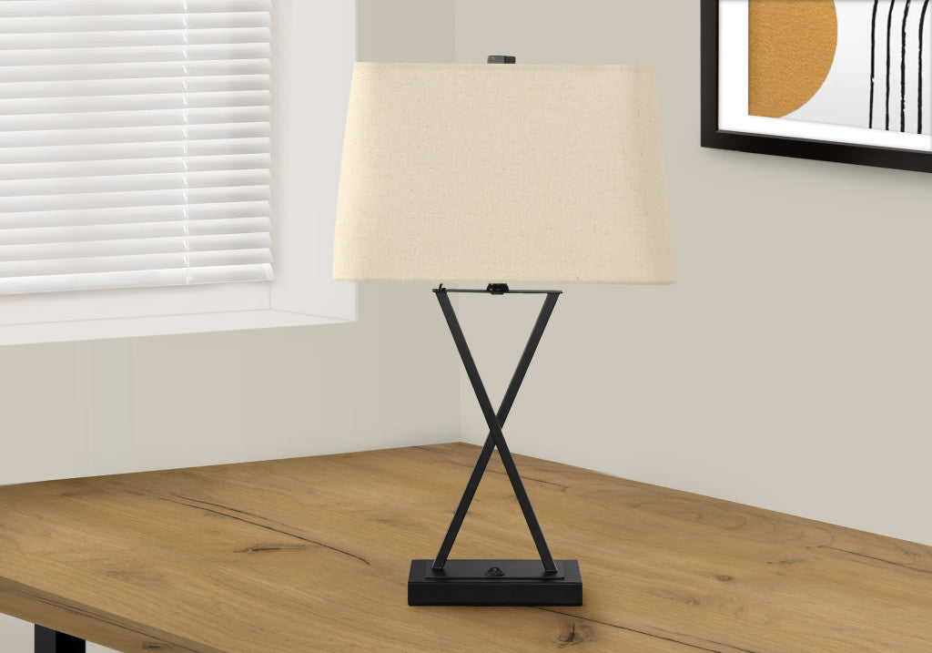 25" Black Metal Geometric USB Table Lamp With Beige Shade