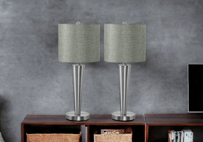 Set of Two 24" Silver Metal Candlestick USB Table Lamps With Gray Drum Shades 