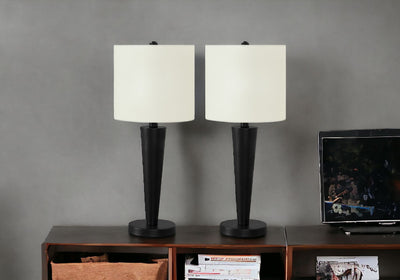 Set of Two 24" Black Metal Candlestick USB Table Lamp With Ivory Drum Shade 