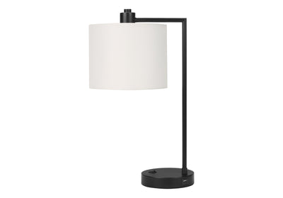 19" Black Metal Round USB Table Lamp With Ivory Drum Shade 