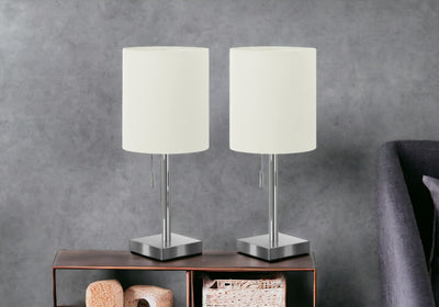 Set of Two 17" Silver Metal Candlestick USB Table Lamp With Ivory Drum Shade 
