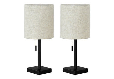 Set of Two 17" Black Metal Candlestick USB Table Lamp With Beige Drum Shade 