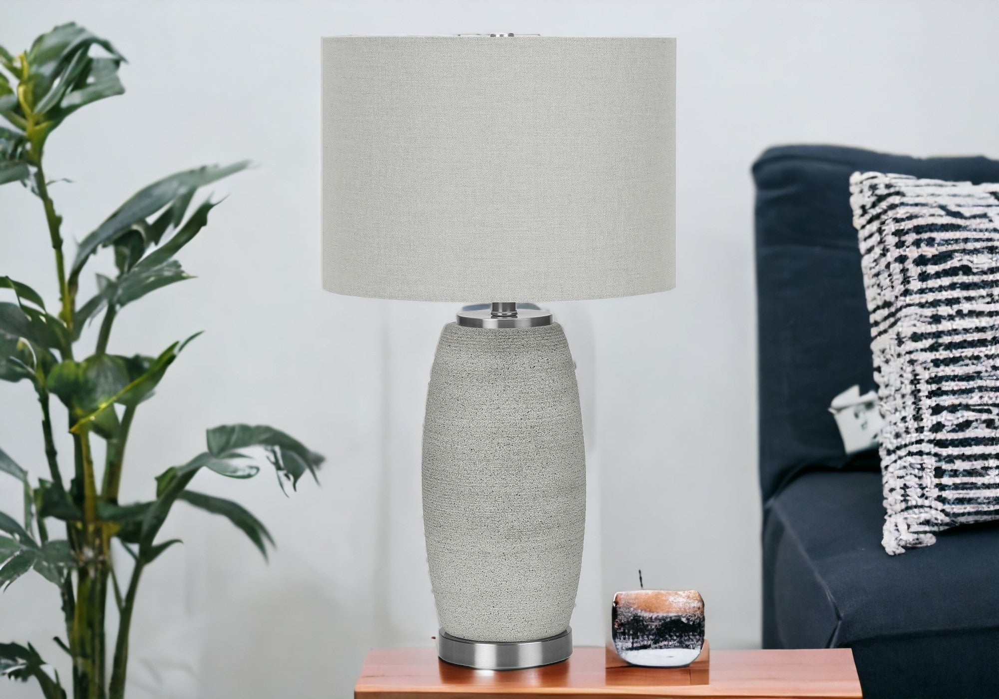 25" Gray and Silver Ceramic Cylinder Table Lamp With Gray Drum Shade