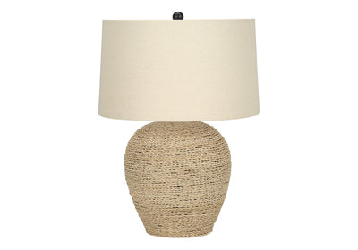 25" Beige Rattan Round Table Lamp With Beige Drum Shade 