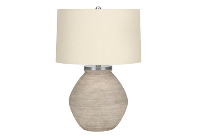 25" Cream Concrete Round Table Lamp With Beige Drum Shade 
