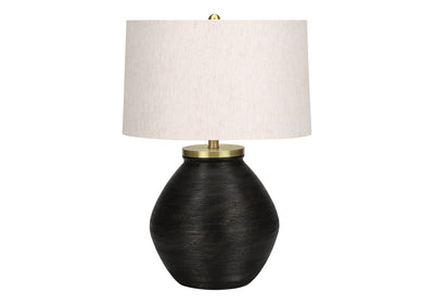 25" Black and Gold Concrete Round Table Lamp With Ivory Drum Shade 