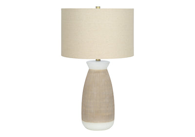 27" Brown and White Ceramic Round Table Lamp With Beige Drum Shade 