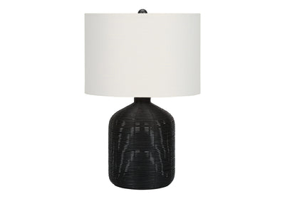 23" Black Rattan Round Table Lamp With Ivory Drum Shade 