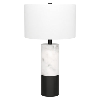 24" Black and White Marble and Metal Cylinder Table Lamp With White Drum Shade 