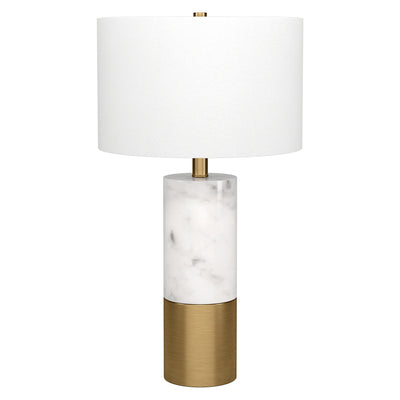 24" White and Gold Marble and Metal Cylinder Table Lamp With White Drum Shade 