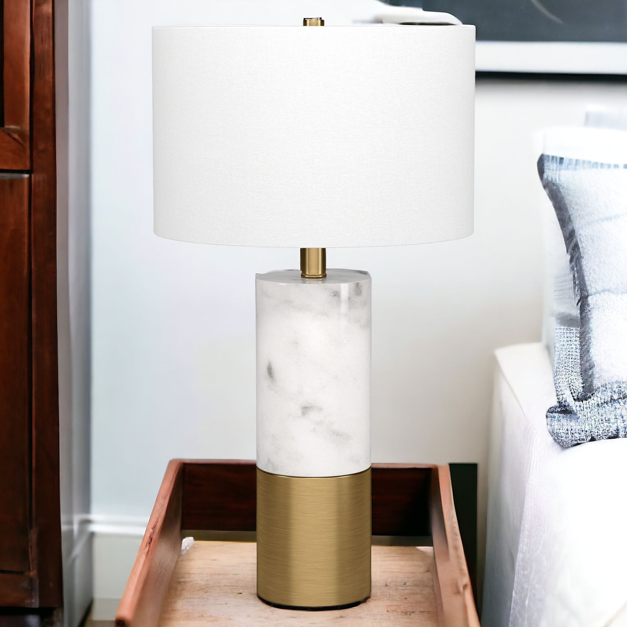 24" White and Gold Marble and Metal Cylinder Table Lamp With White Drum Shade