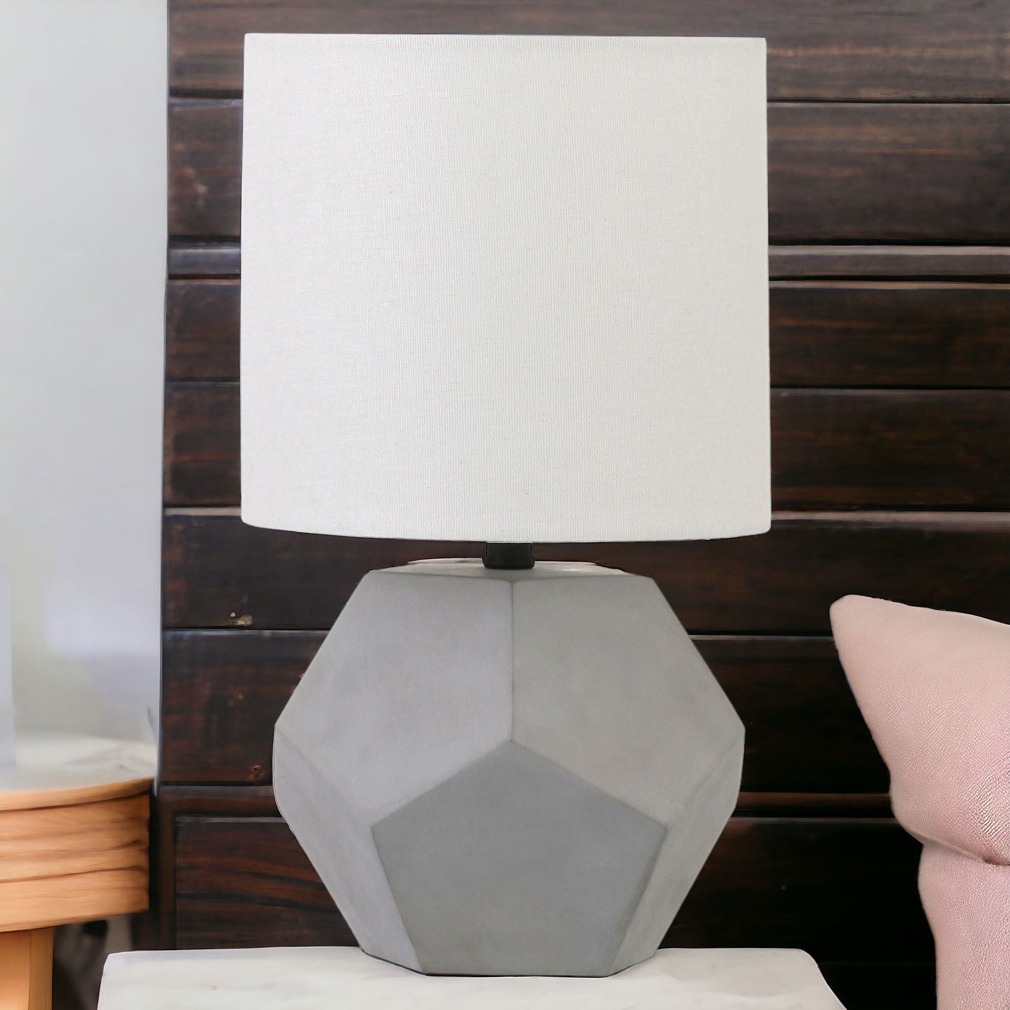 13" Gray Concrete Geometric Table Lamp With White Drum Shade