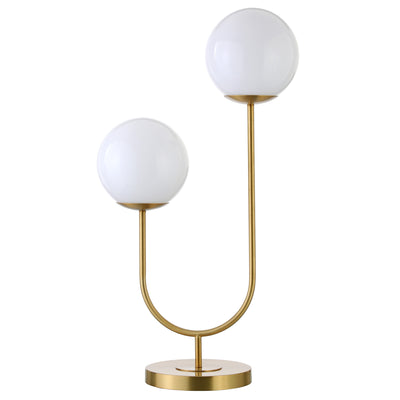 28" Gold Metal Two Light Novelty Globe Table Lamp With White Globe Shade 