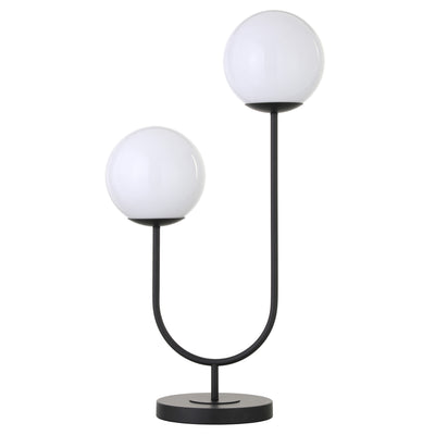 28" Black Metal Two Light Novelty Globe Table Lamp With White Globe Shade 
