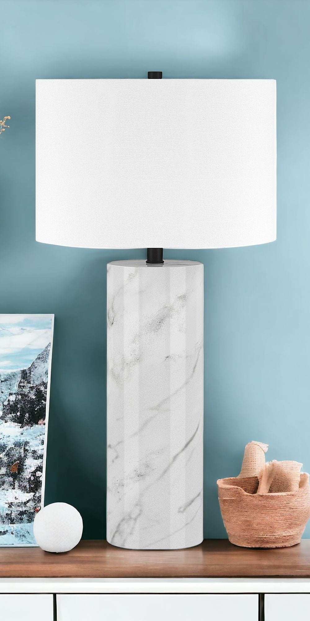 30" White Marble Cylinder Table Lamp With White Drum Shade