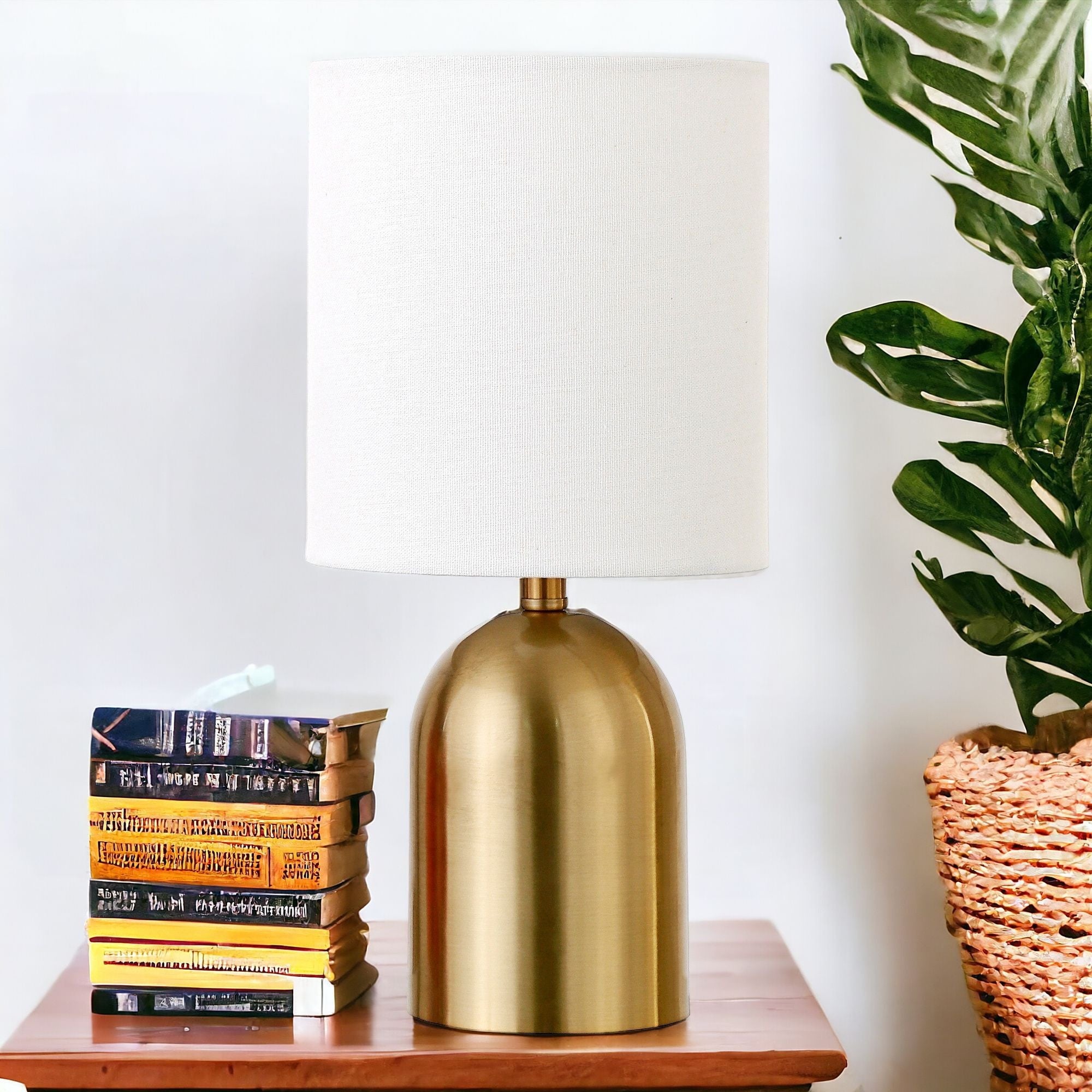 13" Gold Metal Cylinder Table Lamp With White Drum Shade