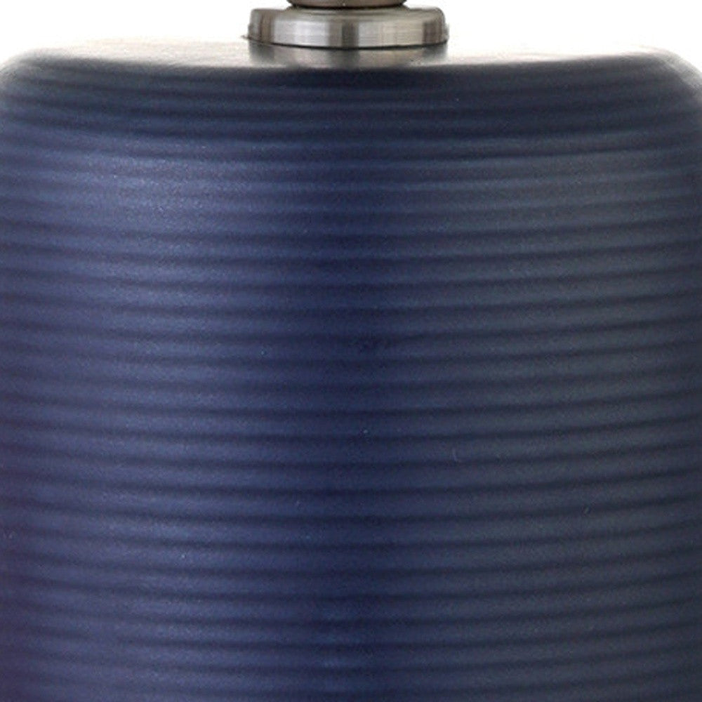 15" Blue and Silver Ceramic Cylinder Table Lamp With White Drum Shade