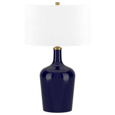 25" Blue Glass Urn Table Lamp With White Drum Shade 