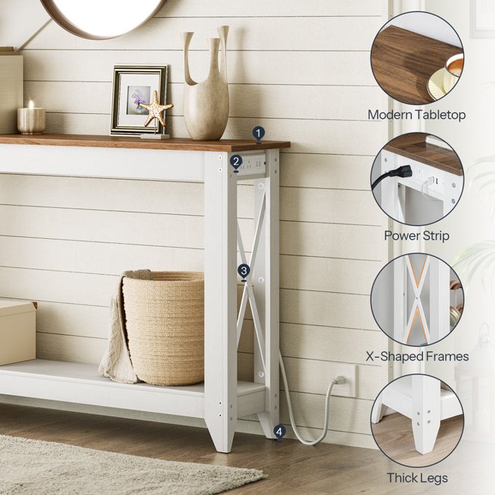 HOOBRO 47.2" Console Table with Charging Station, Farmhouse Entryway Sofa Table with Storage Shelf, Oak Brown & Antique White