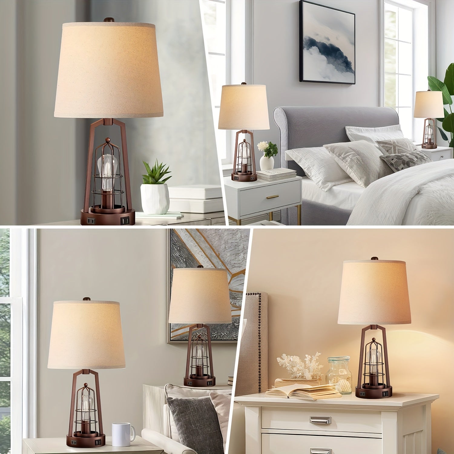 3-Way Dimmable Farmhouse Table Lamps Set of 2 – Touch Control with USB & AC Outlets, Oil Rubbed Bronze Bedside Lamps for Bedroom/Living Room – Bulbs Included 