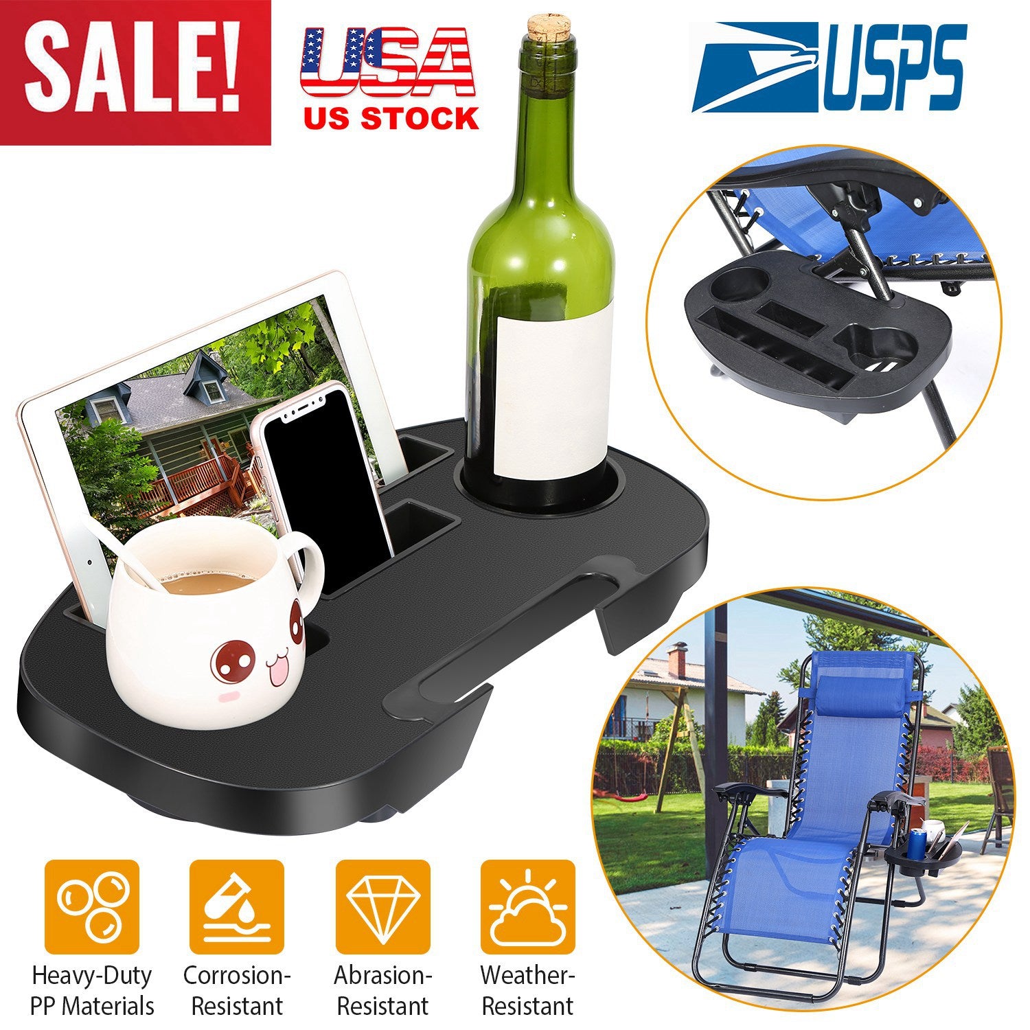 Zero Gravity Chair Cup Holder Clip On Side Tray w/Beverage Can Mobile Devices Slots