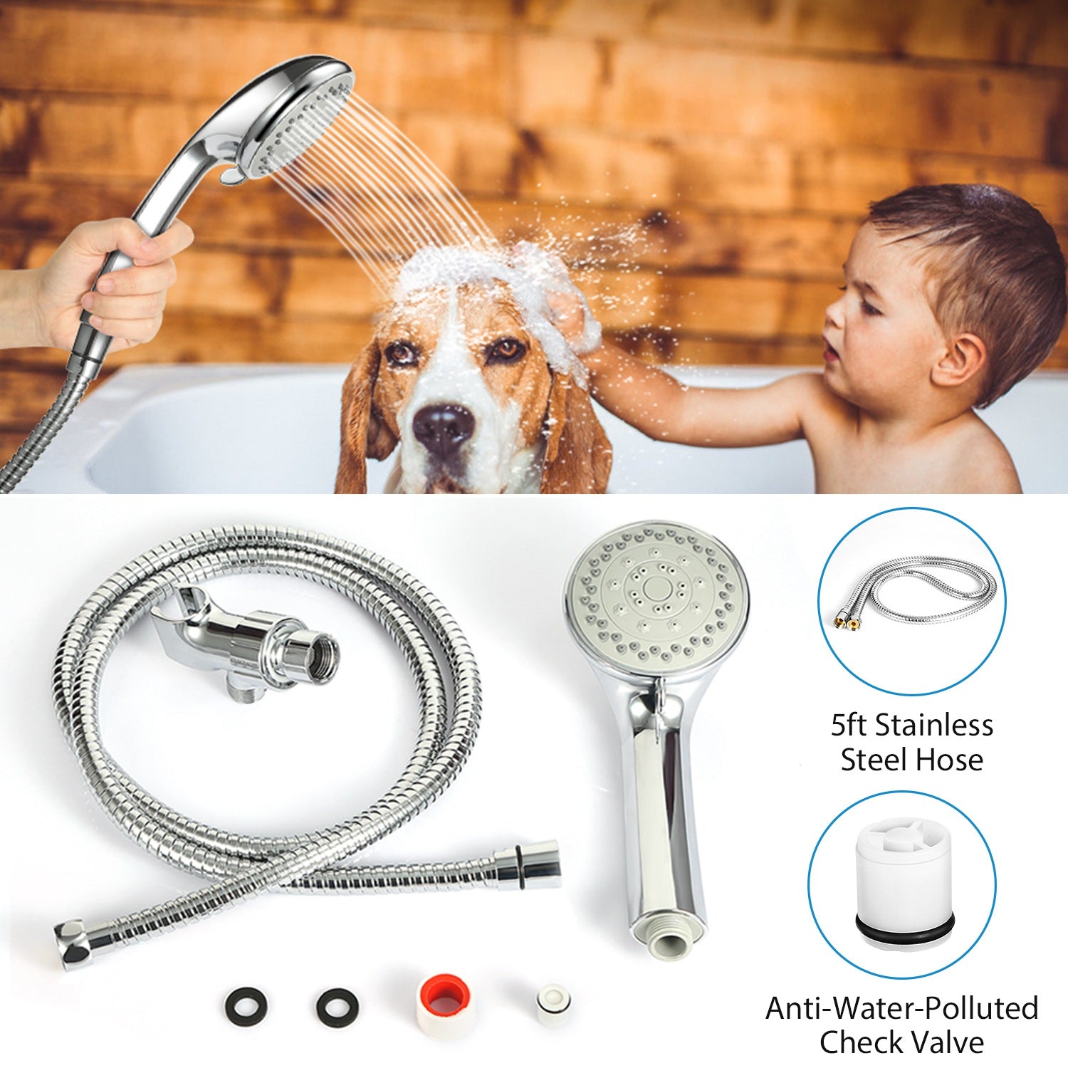 iMounTEK Handheld Shower Head Stainless High Pressure 5 Spray Settings Massage Spa Showerhead Chrome Face with Check Valve 5ft Steel Hose Adjustable A