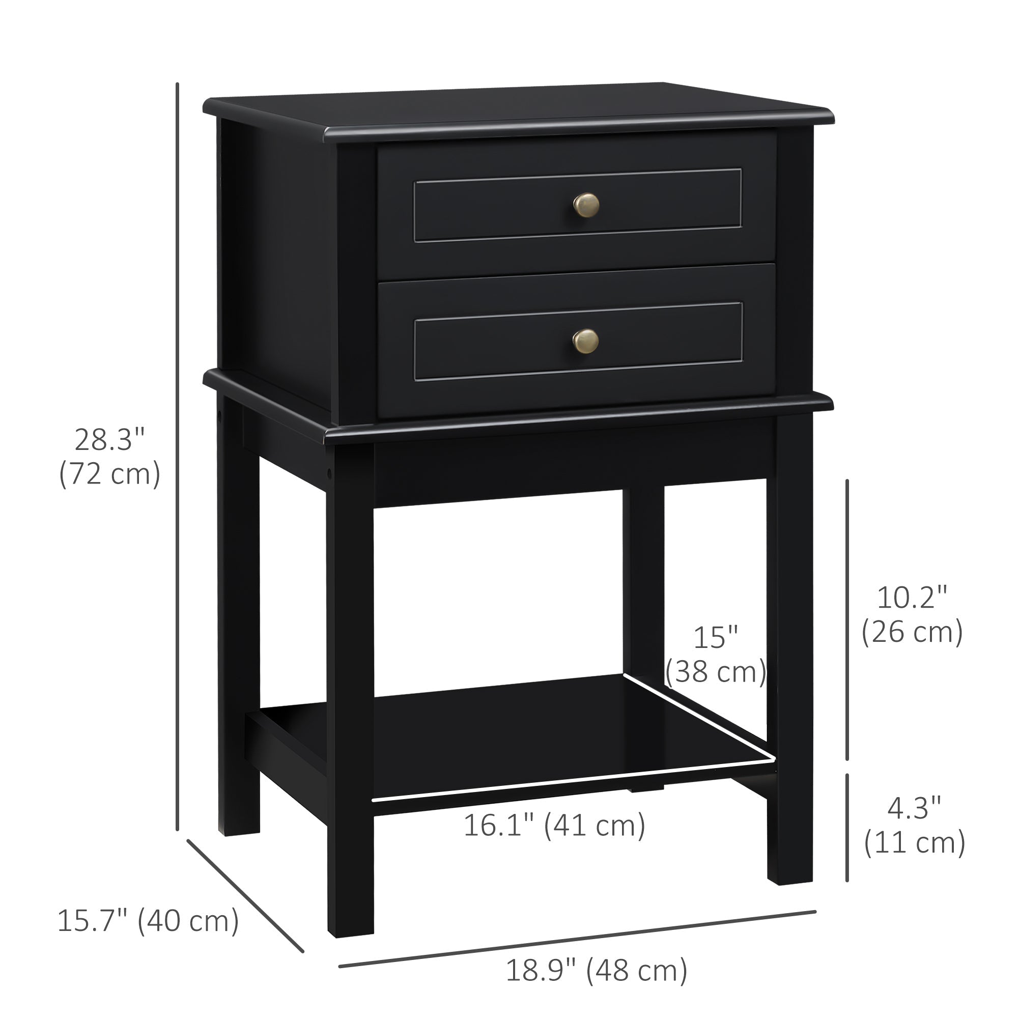 HOMCOM Chic End Table: Modern Sofa Side Table with Drawers and Storage Shelf, Nightstand for Bedroom, Living Room, Matte Black 