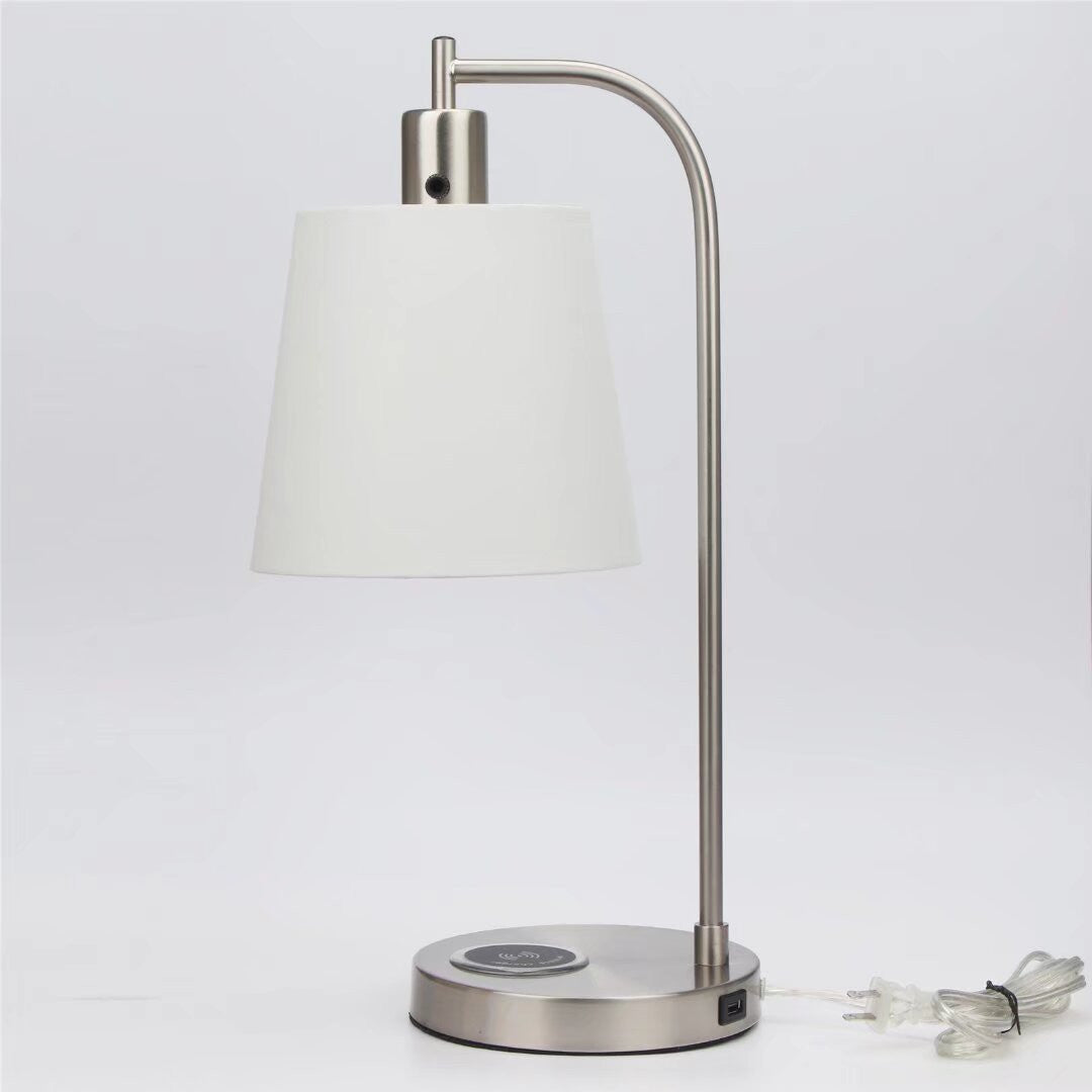 20" Nickel Metal Round USB Table Lamp With White Empire Shade