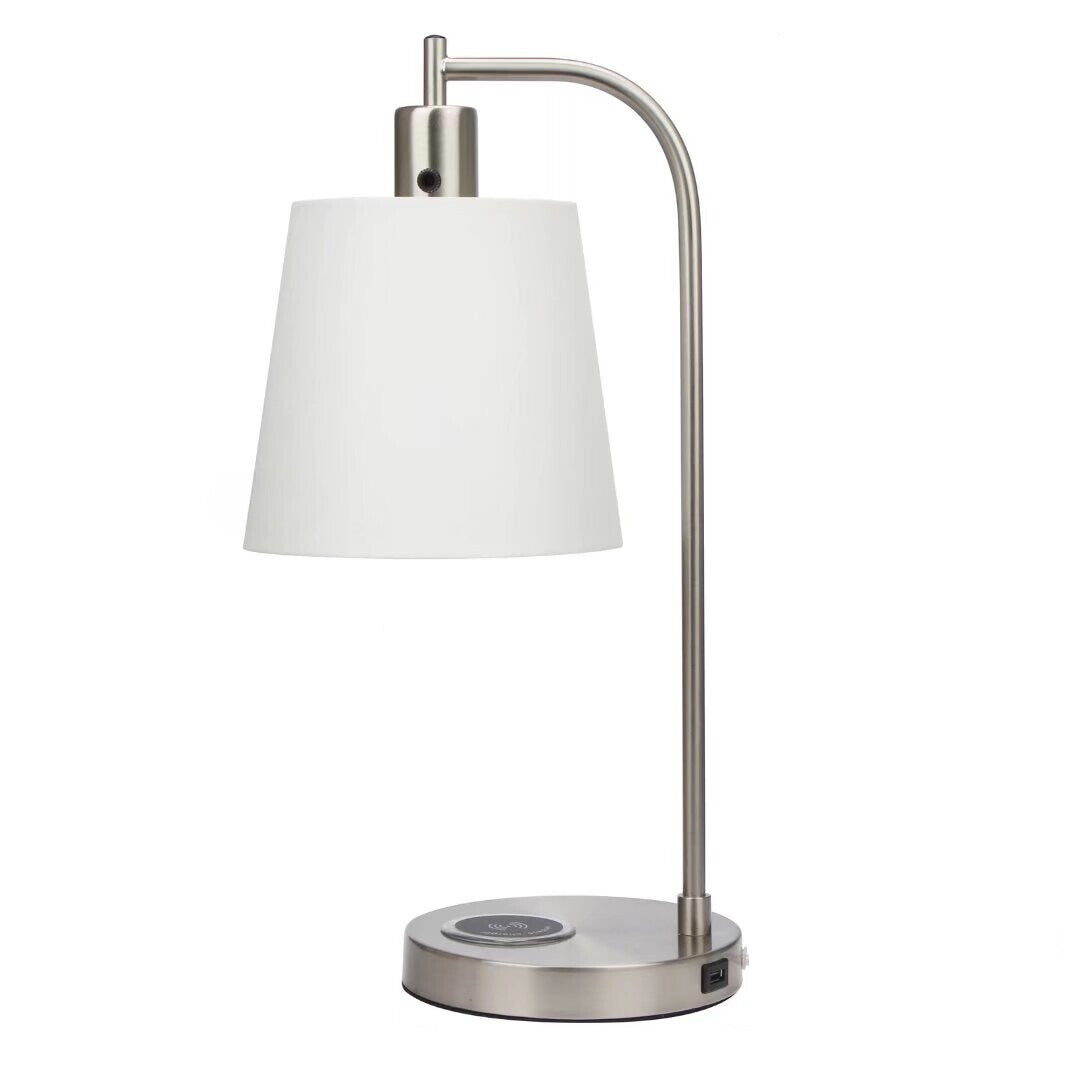 20" Nickel Metal Round USB Table Lamp With White Empire Shade