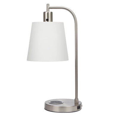 20" Nickel Metal Round USB Table Lamp With White Empire Shade 