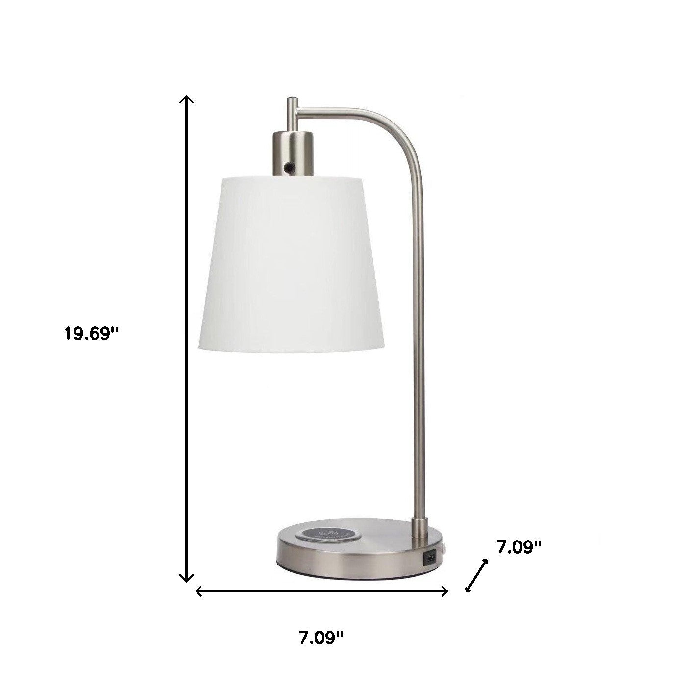 20" Nickel Metal Round USB Table Lamp With White Empire Shade