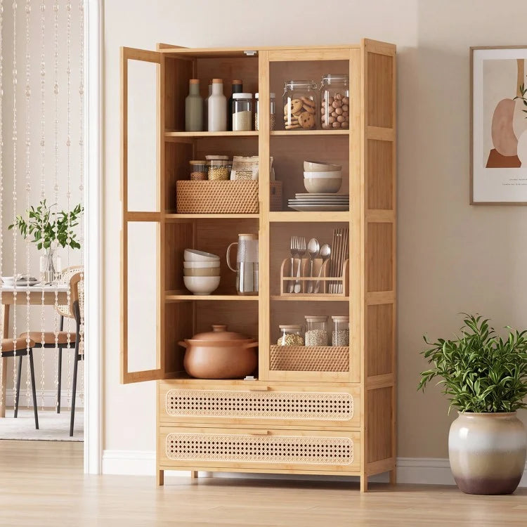 54.5" Bamboo Storage Cabinet with Acrylic Doors, 4 Shelves & 2 Drawers – Natural