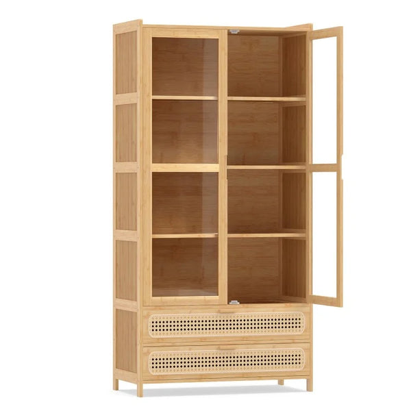 54.5" Bamboo Storage Cabinet with Acrylic Doors, 4 Shelves & 2 Drawers – Natural