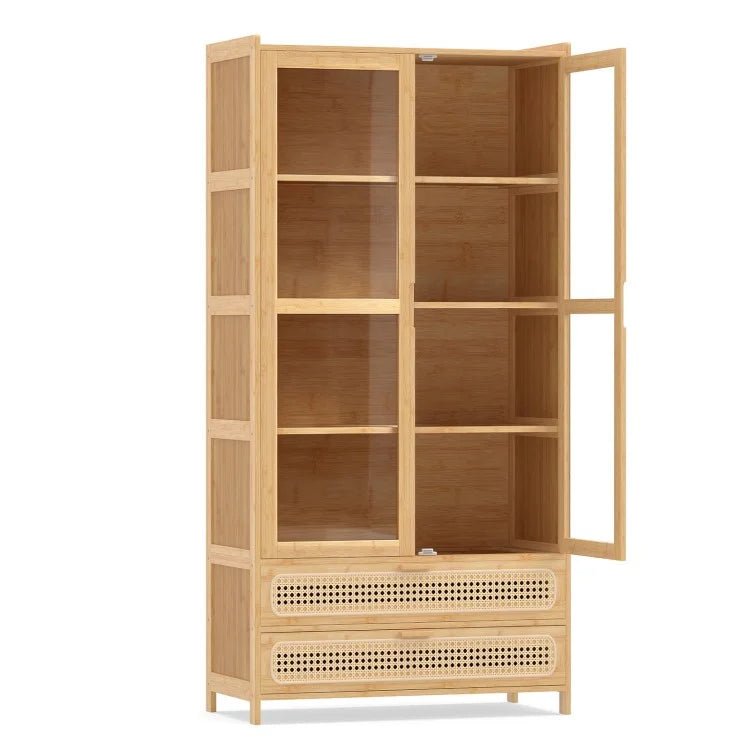 54.5" Bamboo Storage Cabinet with Acrylic Doors, 4 Shelves & 2 Drawers – Natural