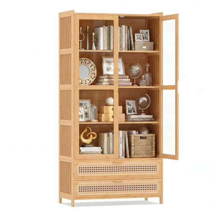 54.5" Bamboo Storage Cabinet with Acrylic Doors, 4 Shelves & 2 Drawers – Natural