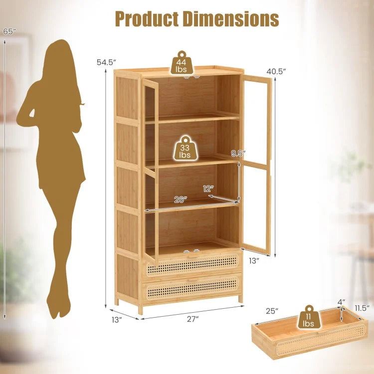 54.5" Bamboo Storage Cabinet with Acrylic Doors, 4 Shelves & 2 Drawers – Natural