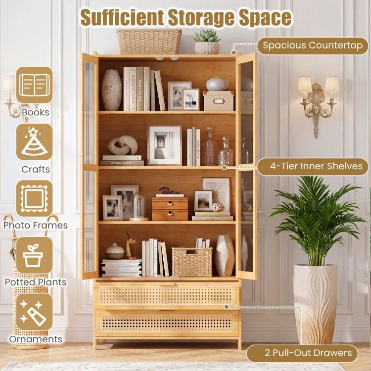 54.5" Bamboo Storage Cabinet with Acrylic Doors, 4 Shelves & 2 Drawers – Natural