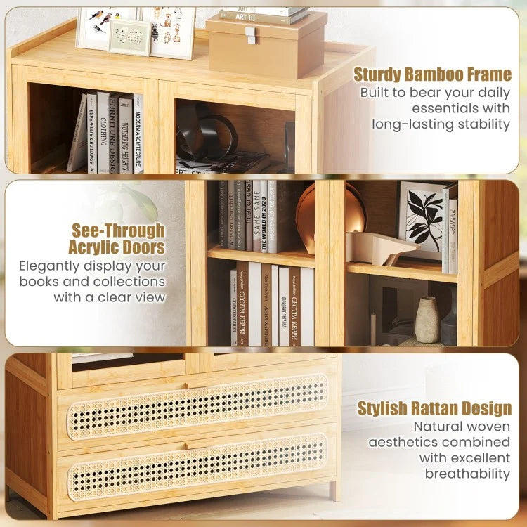 54.5" Bamboo Storage Cabinet with Acrylic Doors, 4 Shelves & 2 Drawers – Natural