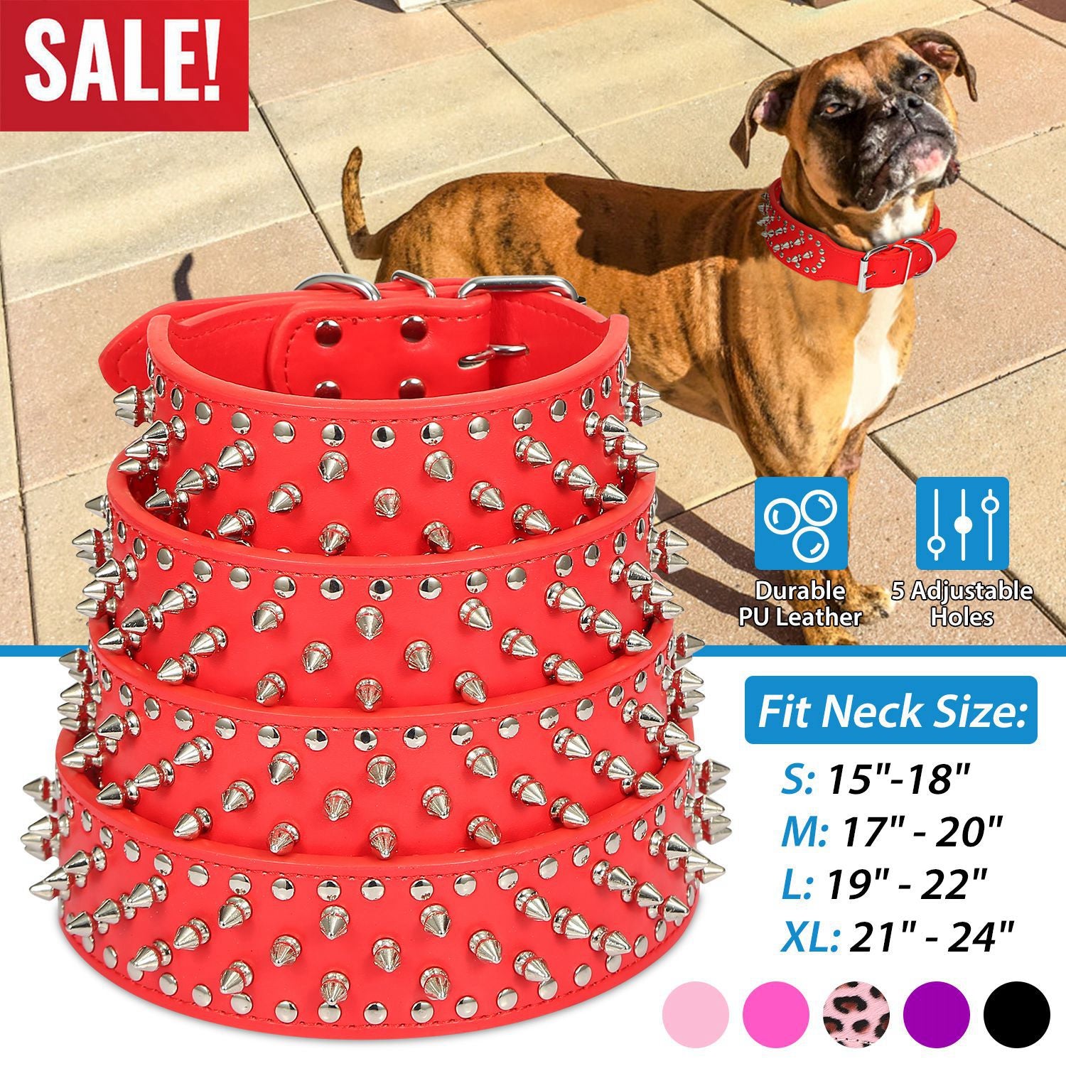 Dog Leather Collar Spiked Studded Pet Dog Collar Adjustable Neck Pitbull Mastiff Collar